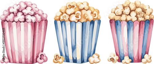 Colorful popcorn containers vector illustration, striped snack boxes design, cinema food clipart, entertainment snack artwork, movie night concept, playful popcorn art, creative digital icon