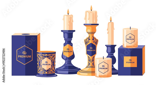 Premium candles and holders in elegant blue and gold packaging