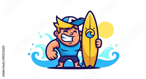 Cartoon Surfer Boy with Surfboard.