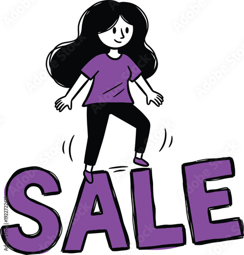 Stylish woman standing confidently on large purple "SALE" letters, representing discounts, promotions, and shopping events