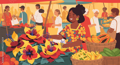 Smiling woman selling vibrant flowers and fresh produce at a bustling outdoor market.