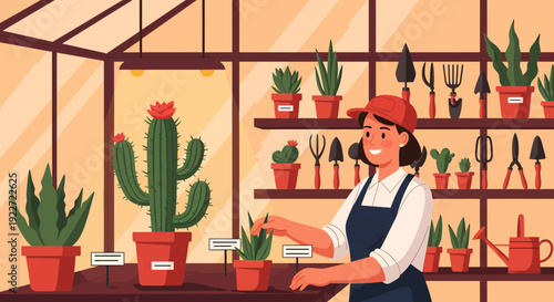 Smiling Woman in Apron Tending to Plants in a Greenhouse.