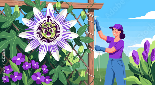 Vibrant Passion Flower Blooming on Trellis in a Lush Garden.