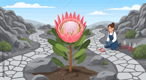 Vibrant Protea Flower Blooming in a Garden Setting.