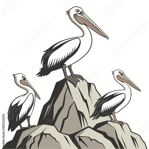 Three pelicans perched on a rocky outcrop