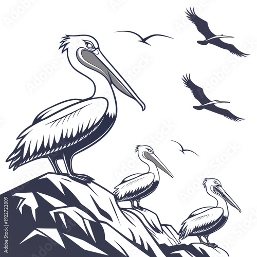 A group of pelicans on a rocky outcrop