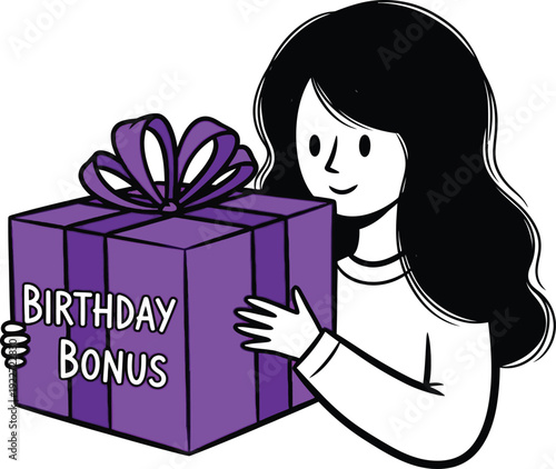 Joyful woman holding a large purple "BIRTHDAY BONUS" gift box, celebrating special rewards and customer appreciation