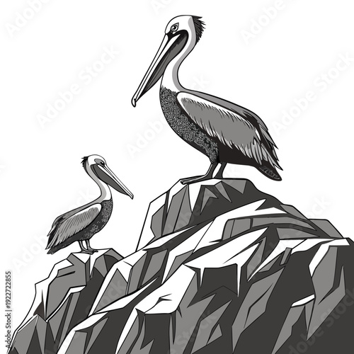 Two pelicans perched on a rocky cliffside