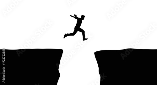 Man Jumping Across Cliff Gap.