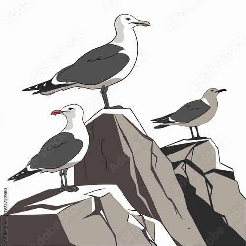 Seagulls perched on a rocky cliff