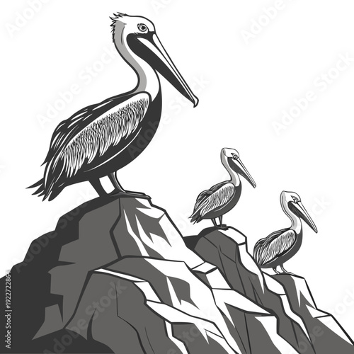 A group of pelicans perched on a rocky outcrop