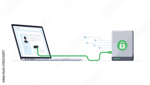 Secure data transfer between laptop and external device with encrypted connection ensuring safe online transactions and data protection always