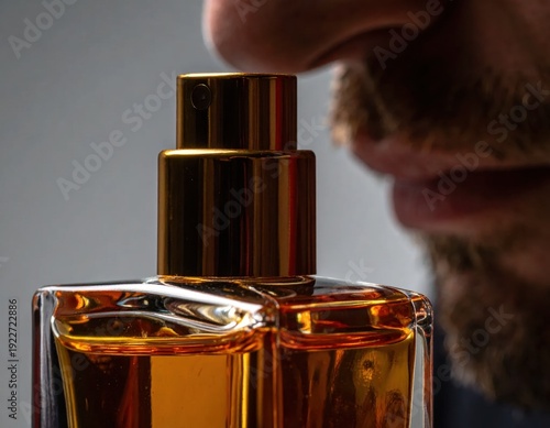 Close up of a man smelling a clear glass perfume bottle with golden cap and amber liquid fragrance with diffused gray background soft studio lighting