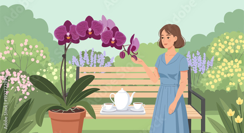 Woman admiring a vibrant purple orchid in a terracotta pot.