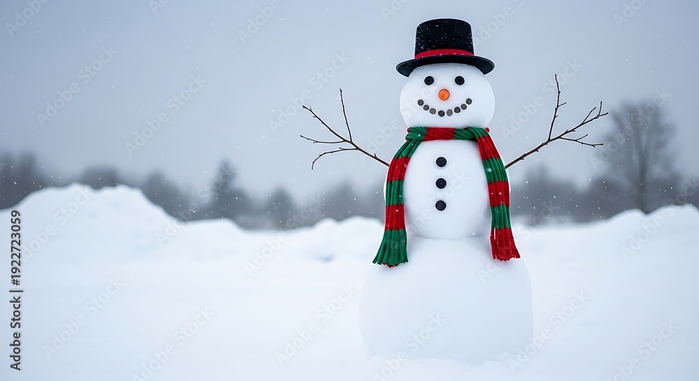 Fototapeta premium Snowman with black hat and striped scarf in winter snowfall.
