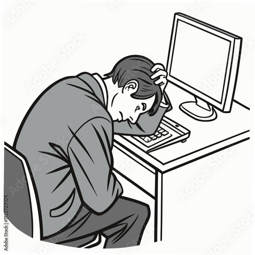 Man sitting at a desk looking stressed while working on computer