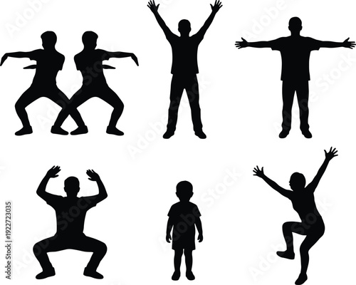 Human silhouettes, body poses, expressive motion, dynamic posture, fitness art, lifestyle design, physical activity, standing figure, squatting pose, artistic concept