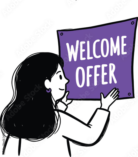 Welcome Offer Sign Held by Smiling Woman in Purple and White Doodle Illustration