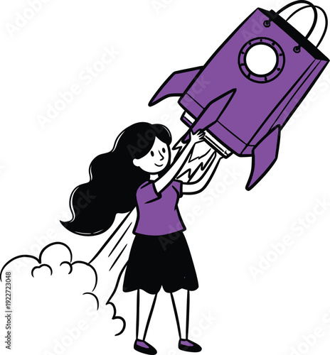 Business Launch Concept with Woman Blasting Off a Purple Shopping Bag Rocket in Doodle Style