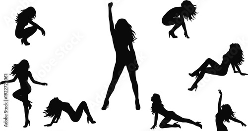 Human silhouettes, expressive poses, dance movement, performance vector, body language, artistic design, black figures, dynamic shapes, emotion, motion clipart