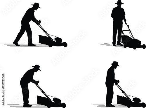 Lawn mowing silhouette, outdoor work, gardening activity, man with mower, grass cutting illustration, lifestyle design, abstract art, household chore concept, summer maintenance scene