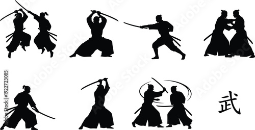 Japanese swordsmanship silhouettes, martial arts training, kendo practice poses, samurai katana stances, kenjutsu combat movements, traditional warrior discipline illustration, 武 kanji