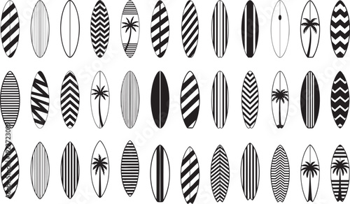 Featuring stylized black surfboards silhouette design, Each surfboard displays a unique geometric pattern Surf Board vector art.