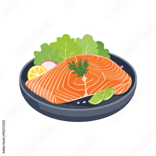 Fresh salmon fillet with garnish on plate