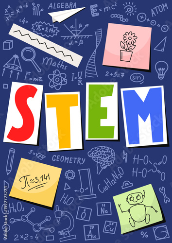 STEM. Science, technology, engineering, mathematics. Science education doodle with hand drawn word "STEM".