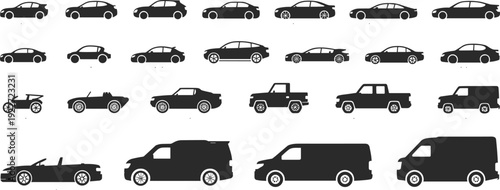 Car body type silhouette collection featuring sedan, coupe, SUV, pickup truck and van isolated on gray background for automotive design