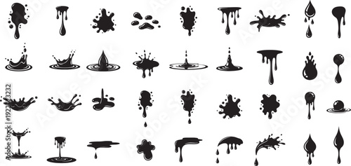 Featuring stylized Black water or ink splash icons silhouette design,  each splash displays a unique design water or ink splash vector art.