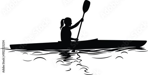 Kayaking silhouette on calm water, female paddler adventure sport concept, outdoor recreation, black vector illustration, minimalist nature activity design