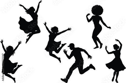Jumping silhouettes, dancing figures, celebration art, human motion, expressive pose, joyful energy, freedom design, party illustration, dynamic movement, artistic lifestyle