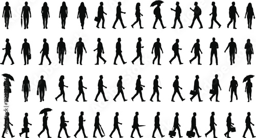 Large Collection of Diverse Walking People Silhouettes, Including Men and Women with Bags and Umbrellas, Representing Business Commuters, Urban Life, Movement, Crowds, and Daily City Activity.
