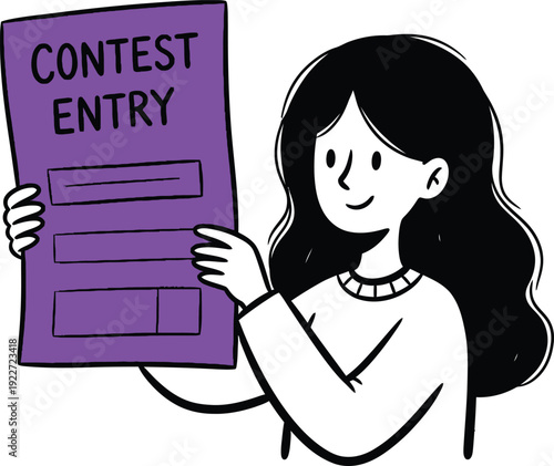 Smiling Woman Holding a Purple "Contest Entry" Form, Participating in a Competition or Sweepstakes Event