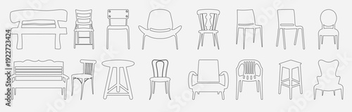  black chair silhouettes group line icon