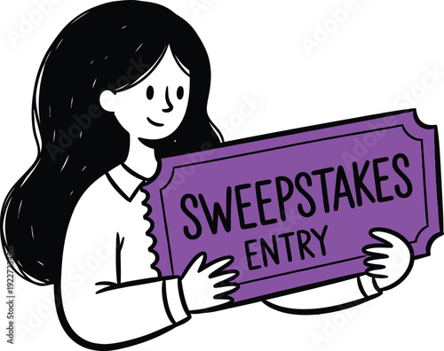 Smiling Woman Holding a Purple "Sweepstakes Entry" Ticket, Ready to Participate and Win a Prize