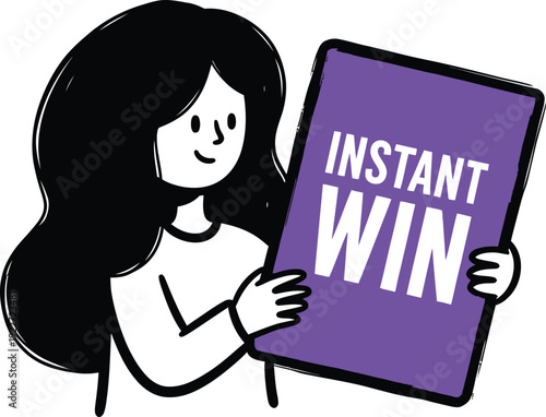 Cheerful Woman Holding a Purple "Instant Win" Sign, Announcing Immediate Success and Excitement