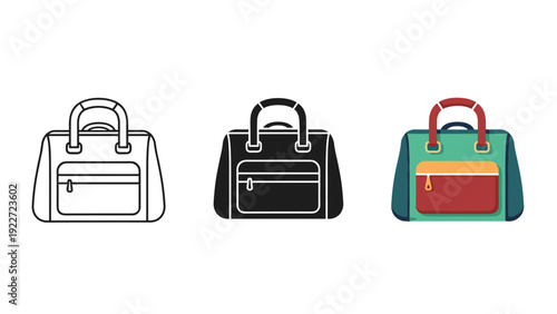 Three different colored handbags with various design elements Vector