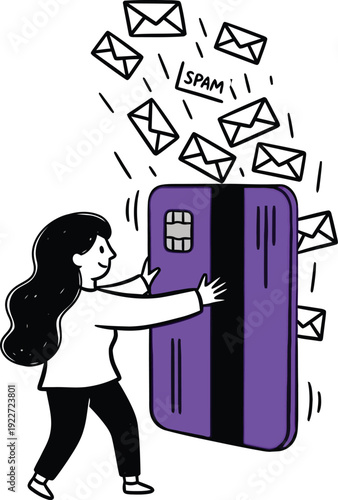 Cartoon Girl Using a Giant Credit Card to Block Falling Spam Emails and Phishing Attempts