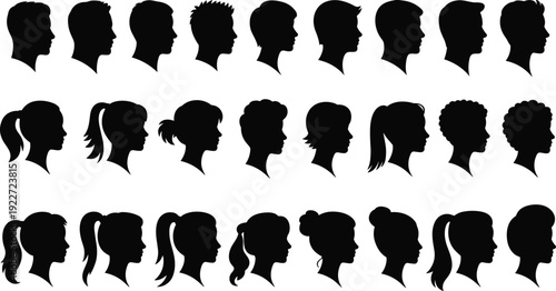 Silhouette human head profiles, male and female hairstyle variations, diverse black vector faces, side view people icons, hairstyle identification illustration