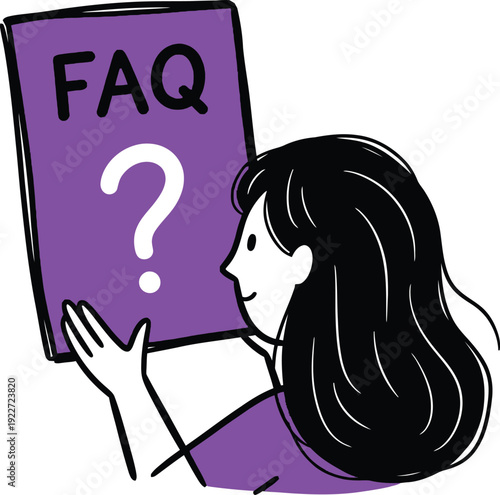Helpful Girl Looking at a Purple FAQ Document with a Question Mark Icon Illustration