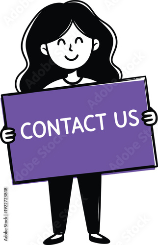 Friendly Cartoon Woman Holding a Purple Contact Us Sign for Customer Support Concept