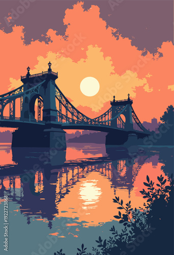A view of the Djurgården Bridge with elaborate ironwork details silhouetted against a golden sunset. Water reflections. Art Nouveau style
