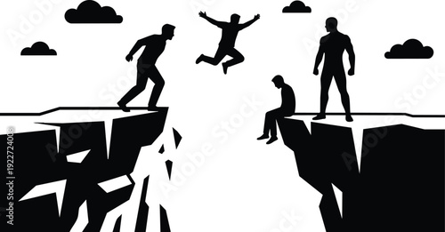 Flat design dynamic close up silhouettes of people jumping across cracked canyon between cliffs dramatic high contrast aerial view