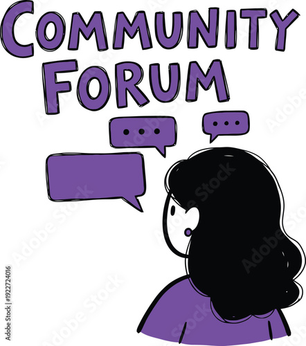 Woman Looking at Community Forum Sign with Purple Speech Bubbles Illustration