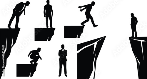 Flat design silhouette businessmen on cliff edges in varied poses looking down jumping and standing in high contrast style vector