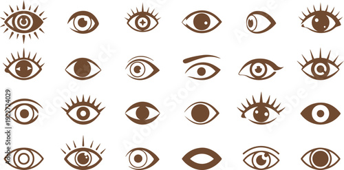 A red silhouette of open flat eyes  icon collection, different shapes eyes ideas, outline eye icons, human, vector illustration.