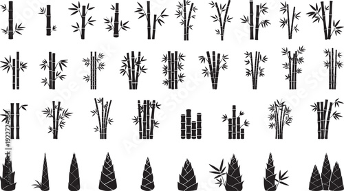 A red silhouette of different black bamboo tree with leaves collection, different shapes, vector art.