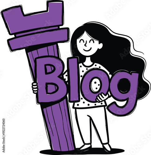 Woman Leaning on Purple Column Next to Large Blog Text Content Illustration